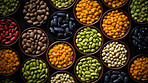 Various legumes, bean and seed flat lay mixture for studio background, eating and health. Colourful, organic and mixed protein food on a table for cooking, ingredients and diet fibre in restaurant