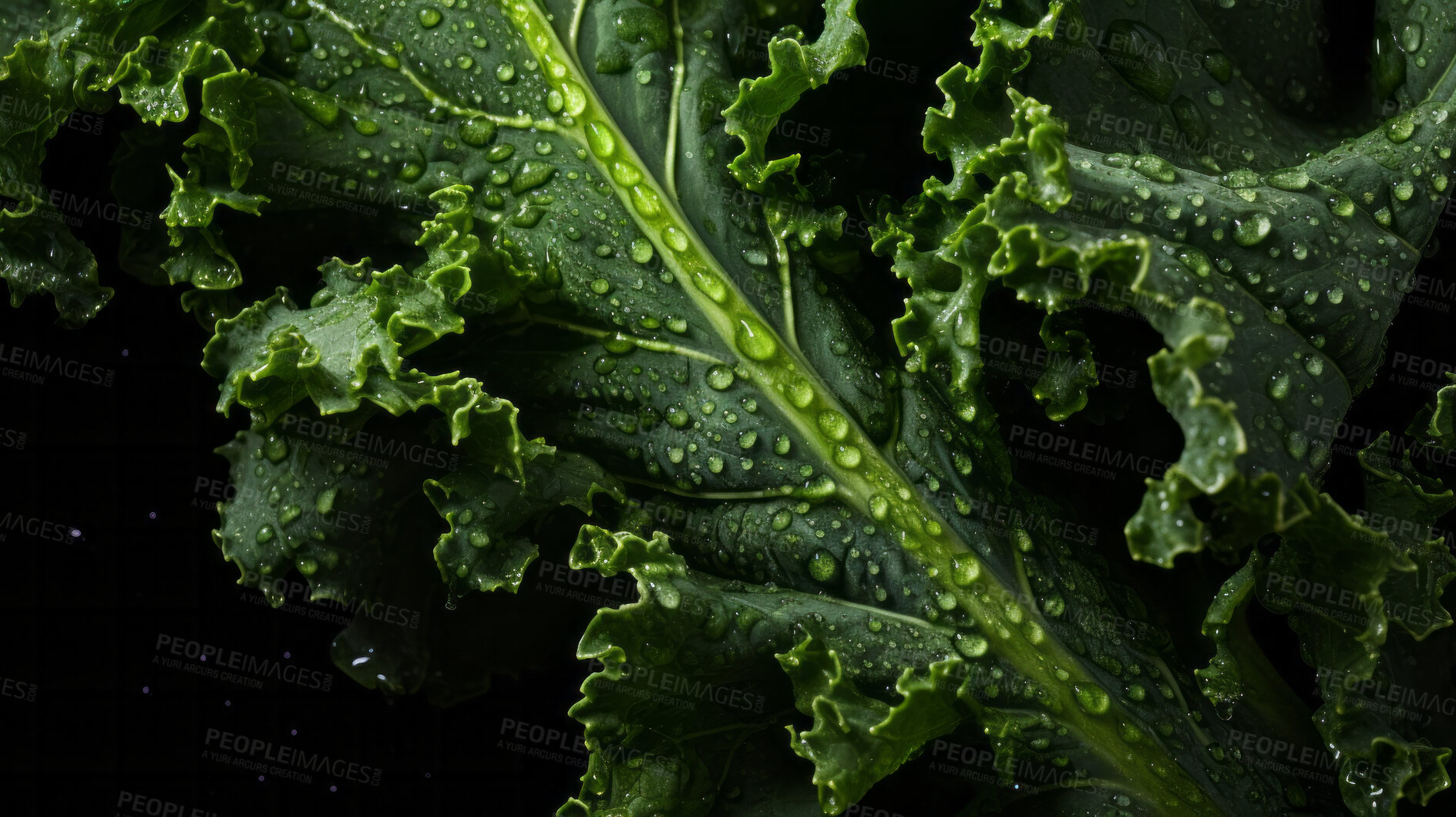 Buy stock photo Fresh, kale and green leaf isolated on a black background for diet, health and detox. Organic, leaves, produce from garden for salad, benefits, and wellness food photography on a dark backdrop