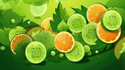 Sliced, citrus and illustrations on a green background for design and print. Colourful, fresh and green wallpaper for wellness tea, juice or summer backdrop of sliced oranges, lemon and fruit drink