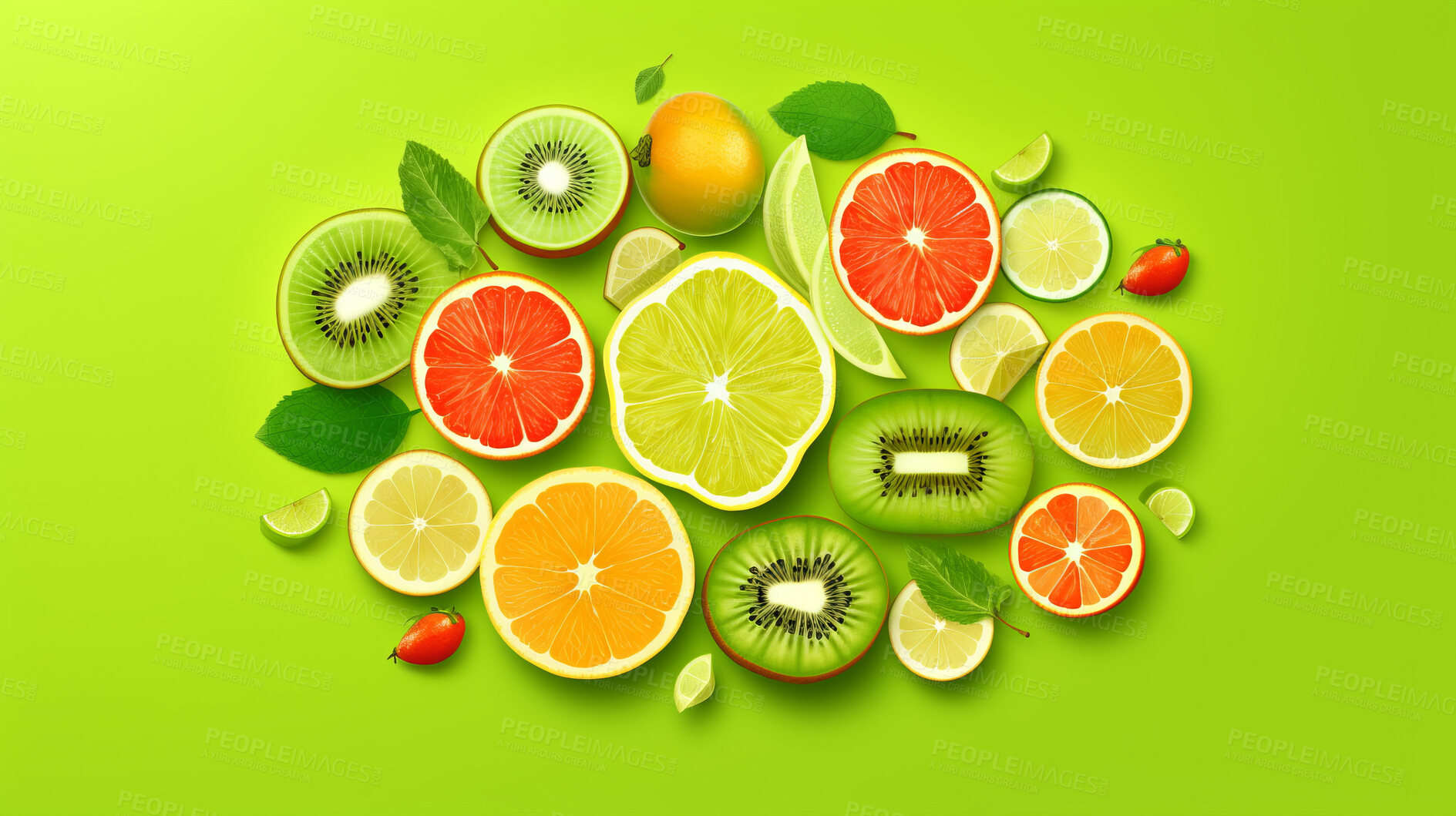 Buy stock photo Sliced, citrus and illustrations on a green background for design and print. Colourful, fresh and green wallpaper for wellness tea, juice or summer backdrop of sliced oranges, lemon and fruit drink