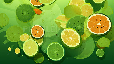 Sliced, citrus and illustrations on a green background for design and print. Colourful, fresh and green wallpaper for wellness tea, juice or summer backdrop of sliced oranges, lemon and fruit drink
