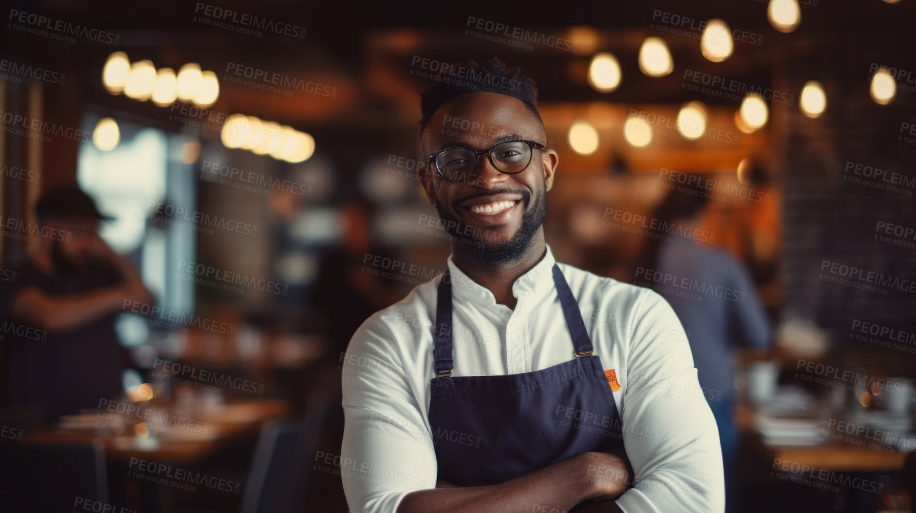 Buy stock photo Head Chef, male and portrait of business man standing arms crossed in a restaurant kitchen. Confident, skilled and professional worker looking at camera for owner, career or hospitality occupation