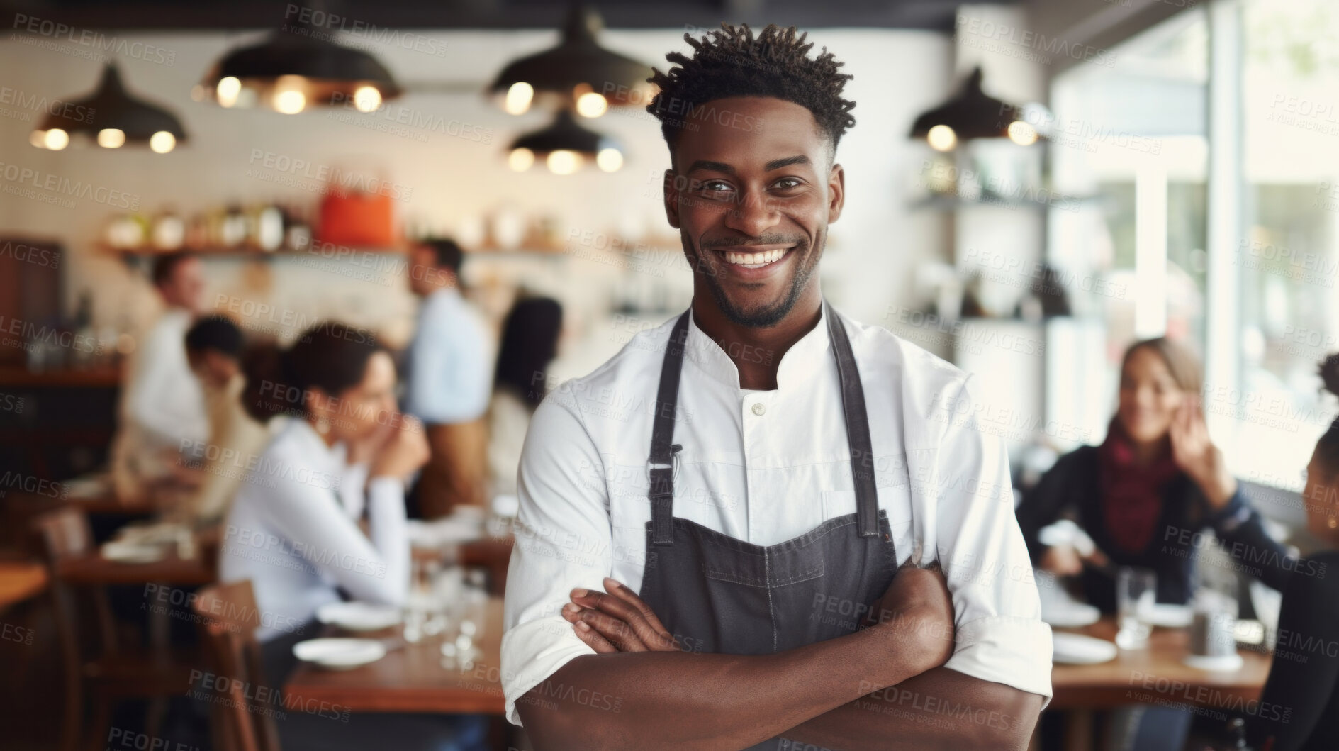 Buy stock photo Head Chef, male and portrait of business man standing arms crossed in a restaurant kitchen. Confident, skilled and professional worker looking at camera for owner, career or hospitality occupation