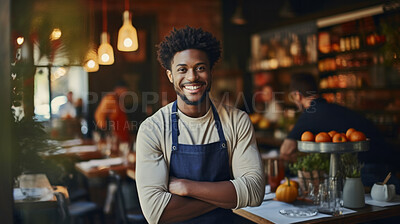 Waiter, male and portrait of a happy man standing arms crossed in a restaurant kitchen. Confident, skilled and professional worker looking at camera for owner, career or hospitality occupation