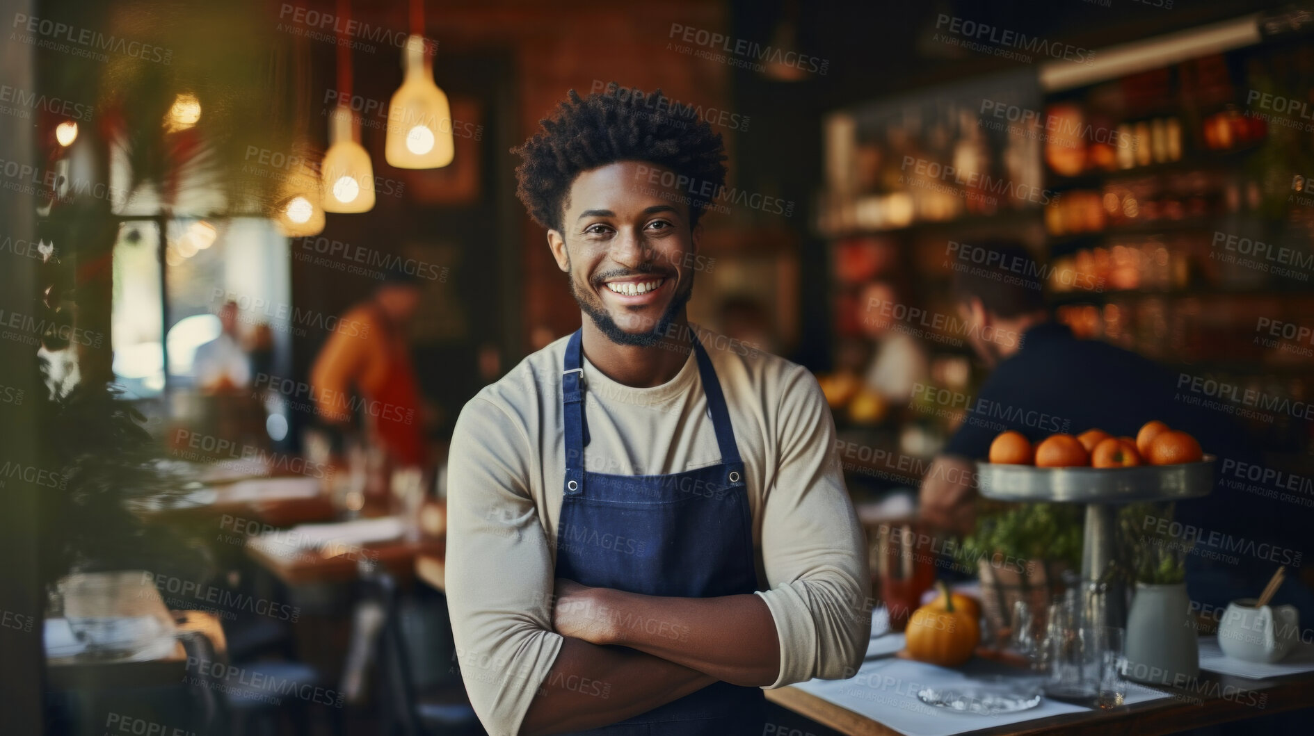 Buy stock photo Waiter, male and portrait of a happy man standing arms crossed in a restaurant kitchen. Confident, skilled and professional worker looking at camera for owner, career or hospitality occupation