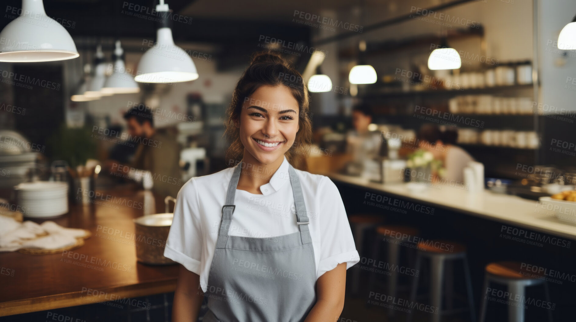 Buy stock photo Head Chef, female and portrait of business woman standing arms crossed in a restaurant kitchen. Confident, skilled and professional worker looking at camera for owner, career or hospitality occupation