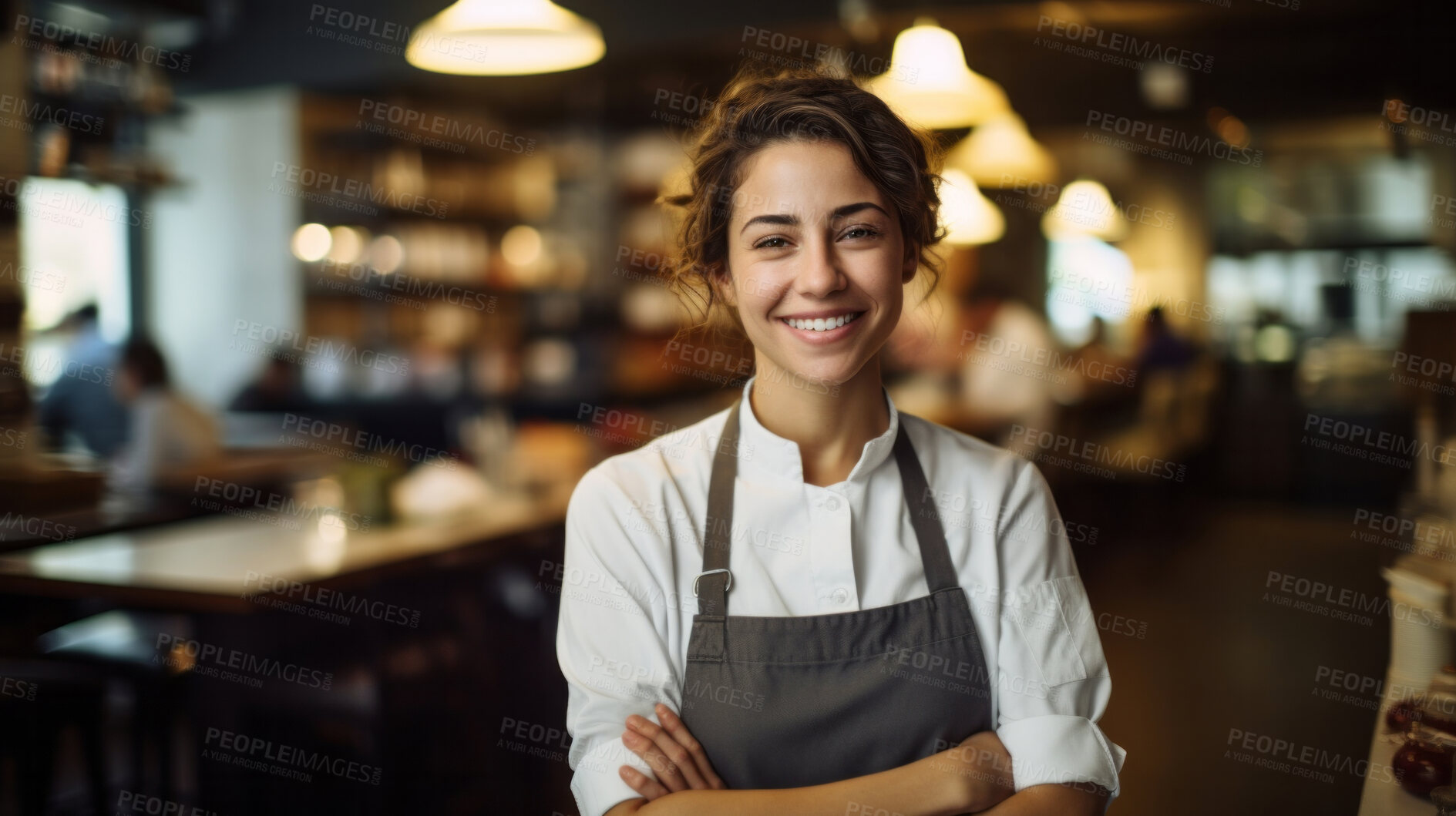 Buy stock photo Head Chef, female and portrait of business woman standing arms crossed in a restaurant kitchen. Confident, skilled and professional worker looking at camera for owner, career or hospitality occupation