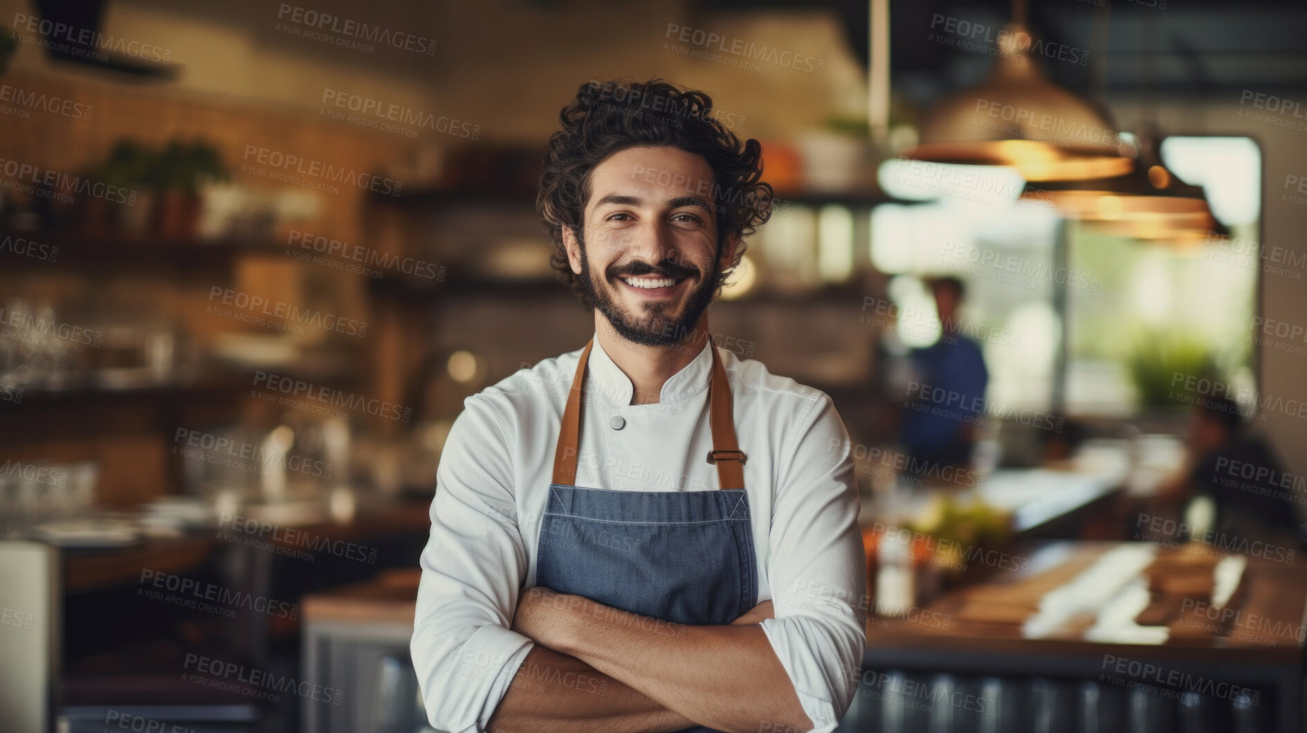 Buy stock photo Head Chef, male and portrait of business man standing arms crossed in a restaurant kitchen. Confident, skilled and professional worker looking at camera for owner, career or hospitality occupation