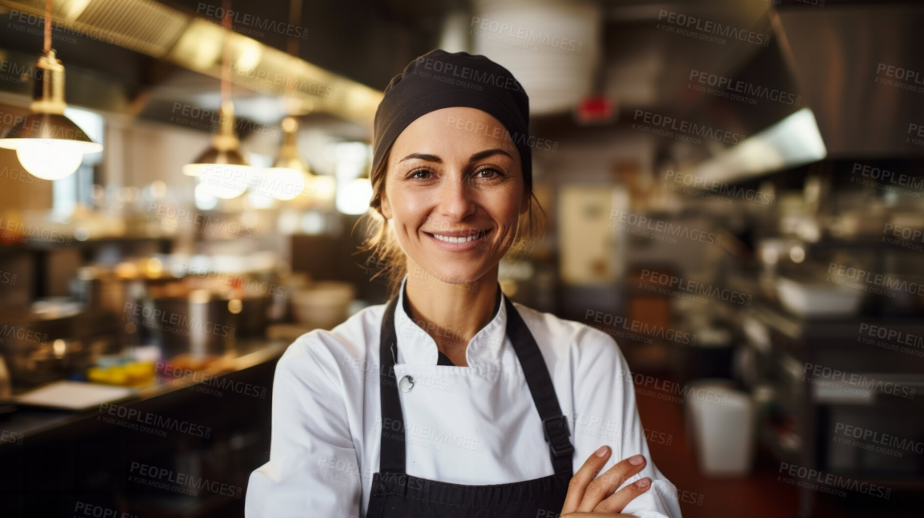 Buy stock photo Head Chef, female and portrait of business woman standing arms crossed in a restaurant kitchen. Confident, skilled and professional worker looking at camera for owner, career or hospitality occupation