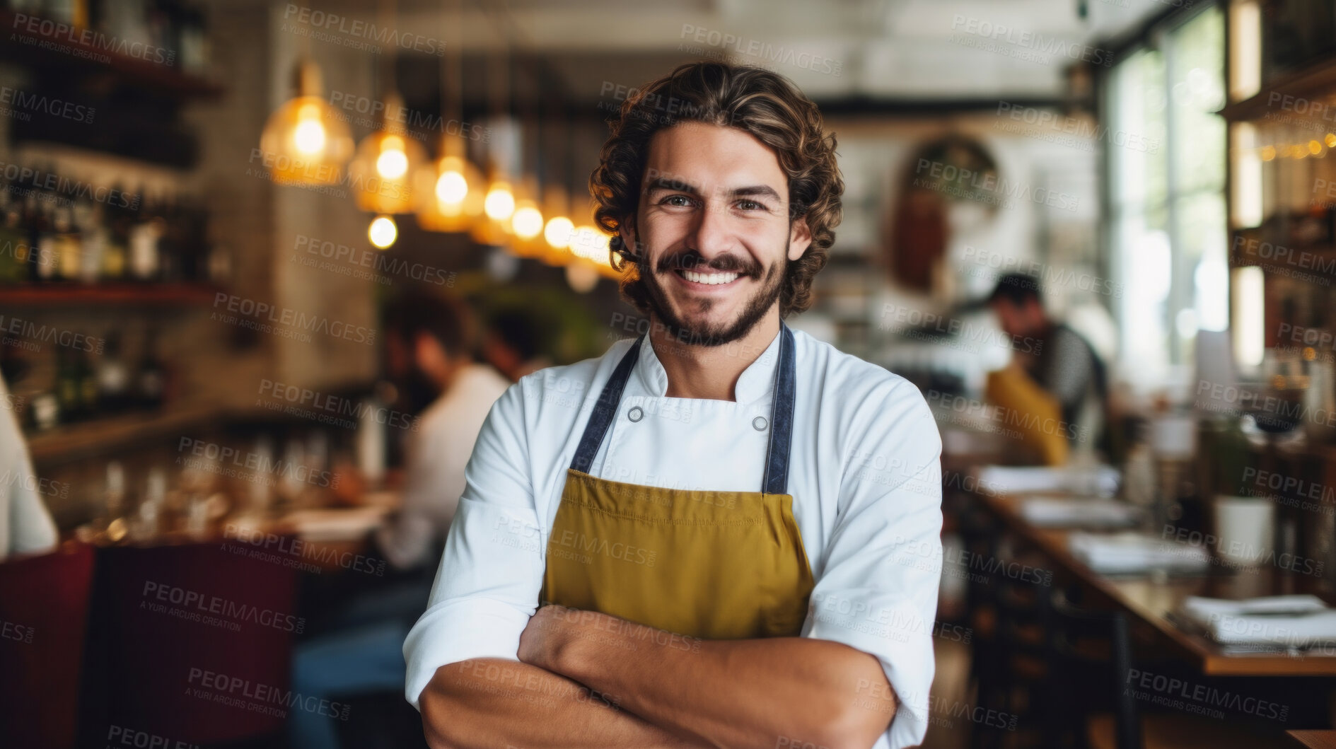 Buy stock photo Head Chef, male and portrait of business man standing arms crossed in a restaurant kitchen. Confident, skilled and professional worker looking at camera for owner, career or hospitality occupation