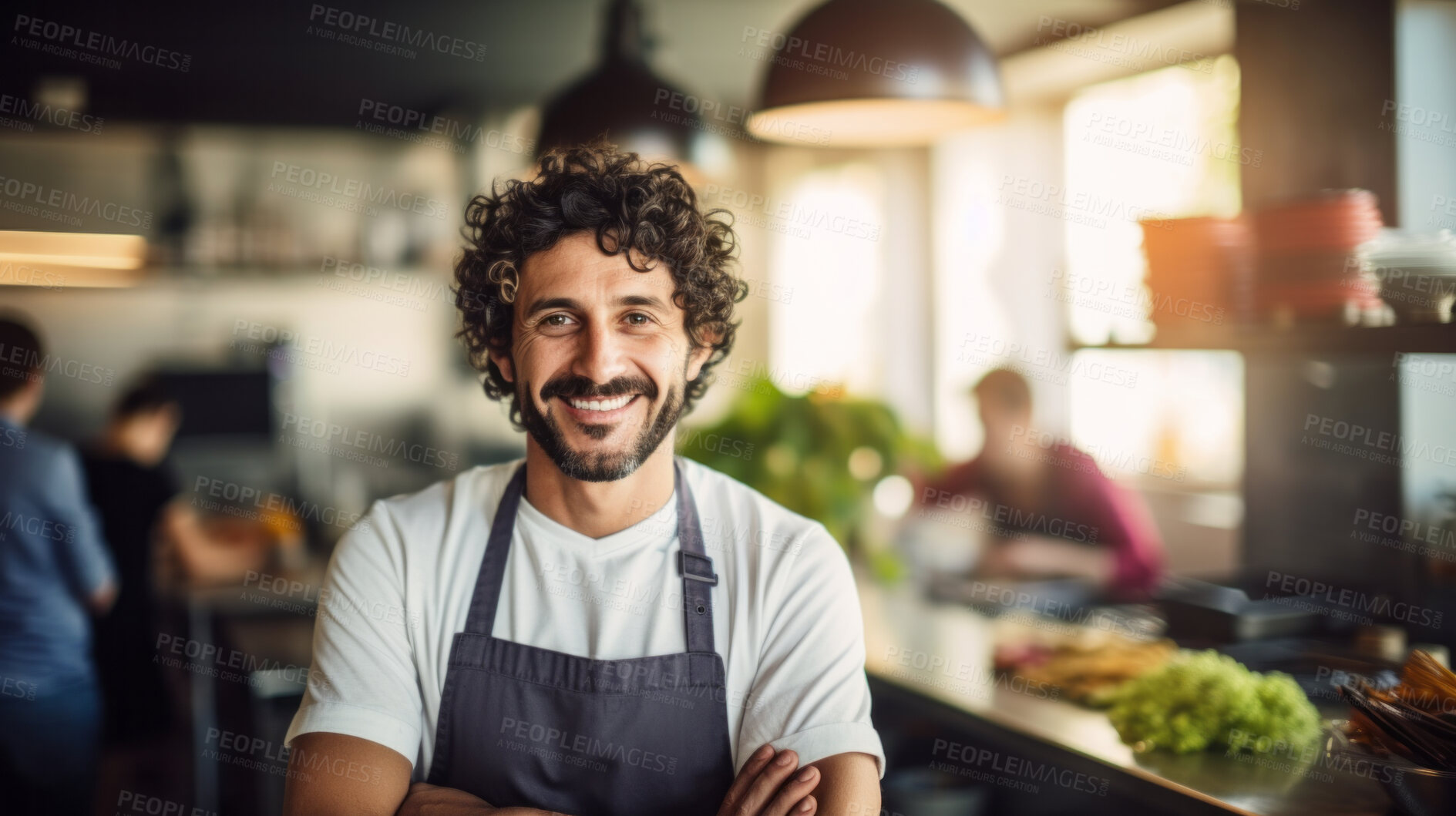 Buy stock photo Waiter, male and portrait of a happy man standing arms crossed in a restaurant kitchen. Confident, skilled and professional worker looking at camera for owner, career or hospitality occupation