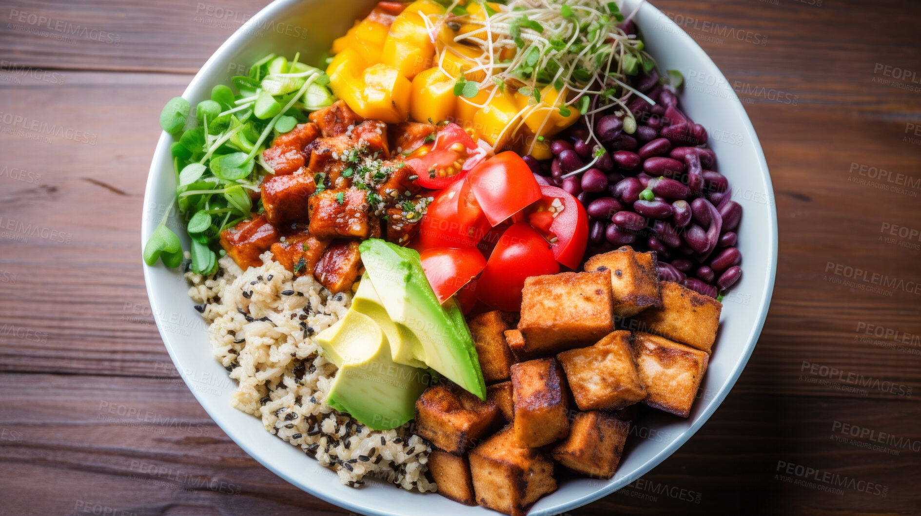 Buy stock photo Asian healthy, buddha bowl and lunch with superfood, vegetables or delicious balanced meal for diet, health or weight loss. Tofu, quinoa and mixed bowl for detox, lifestyle, cuisine and restaurant