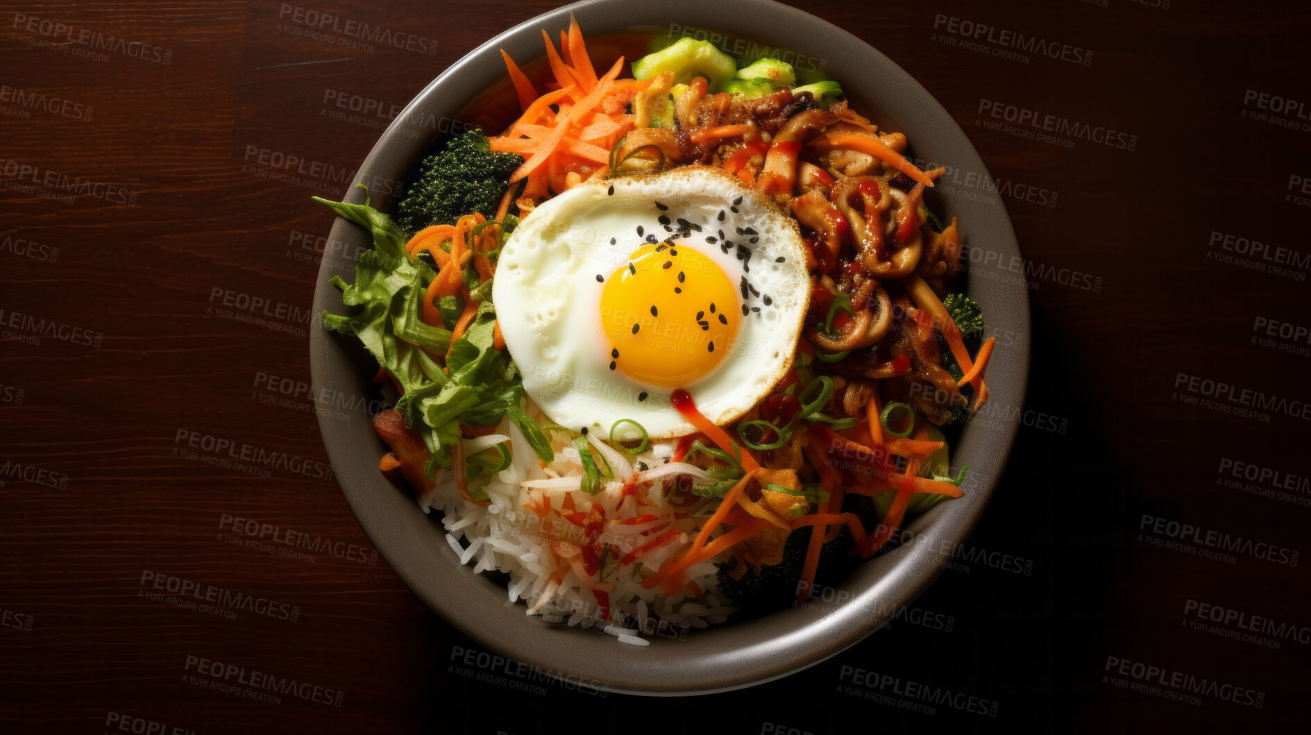 Buy stock photo Traditional, Korean, bibimbap dish in a bowl for chef, fine dining and dinner ideas. Food photography, meal and cuisine closeup for wellness, health restaurant and cultural on a dark background