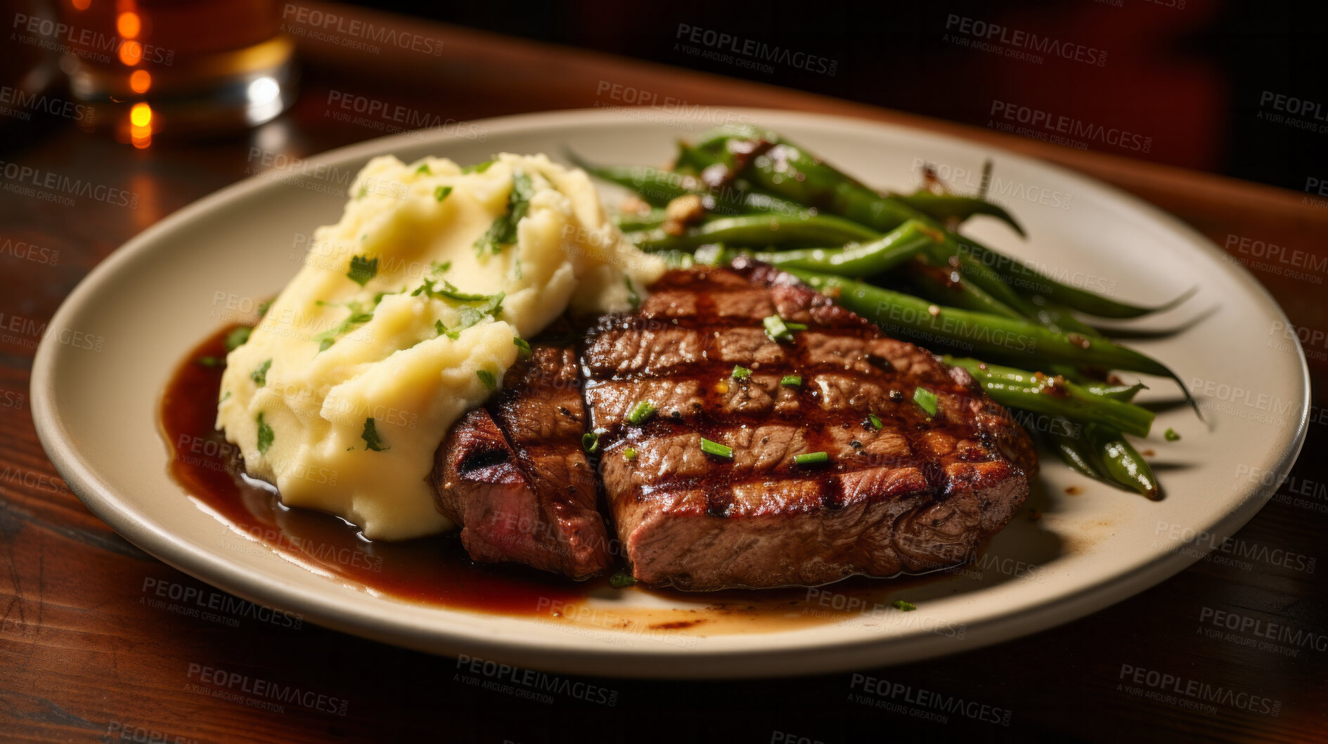 Buy stock photo Grilled steak, mash potato and green beans on a plate for chef, fine dining and dinner ideas. Food photography, meal and cuisine closeup for wellness restaurant and traditional on a dark background