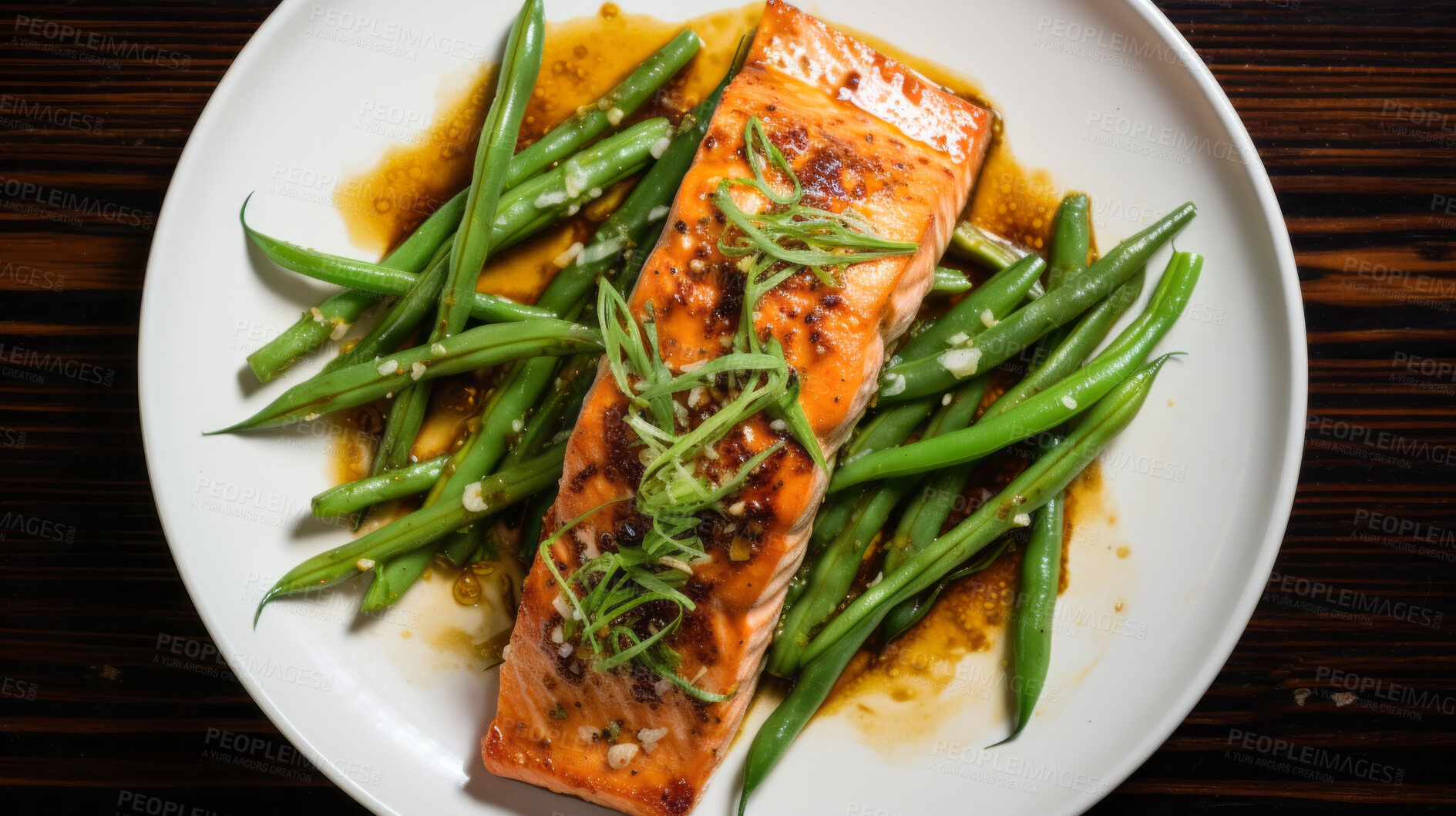 Buy stock photo Salmon, steak and vegetables on a plate for chef, fine dining and dinner ideas. Food photography, meal and cuisine closeup for wellness restaurant and traditional on a dark table background