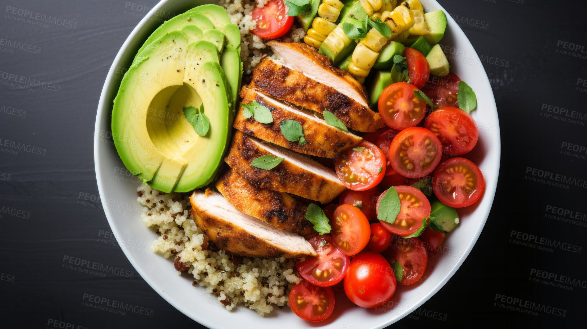 Buy stock photo Asian healthy, buddha bowl and lunch  with superfood, vegetables or delicious balanced meal for diet, health or weight loss. Tofu, quinoa and mixed bowl for detox, lifestyle, cuisine and restaurant