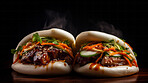Pork belly, boa bun and asian or  snack or street meal on a plate for Japanese, cuisine, and food travel. Delicious, tasty and colourful garnished Gua macro photography, on a black studio background