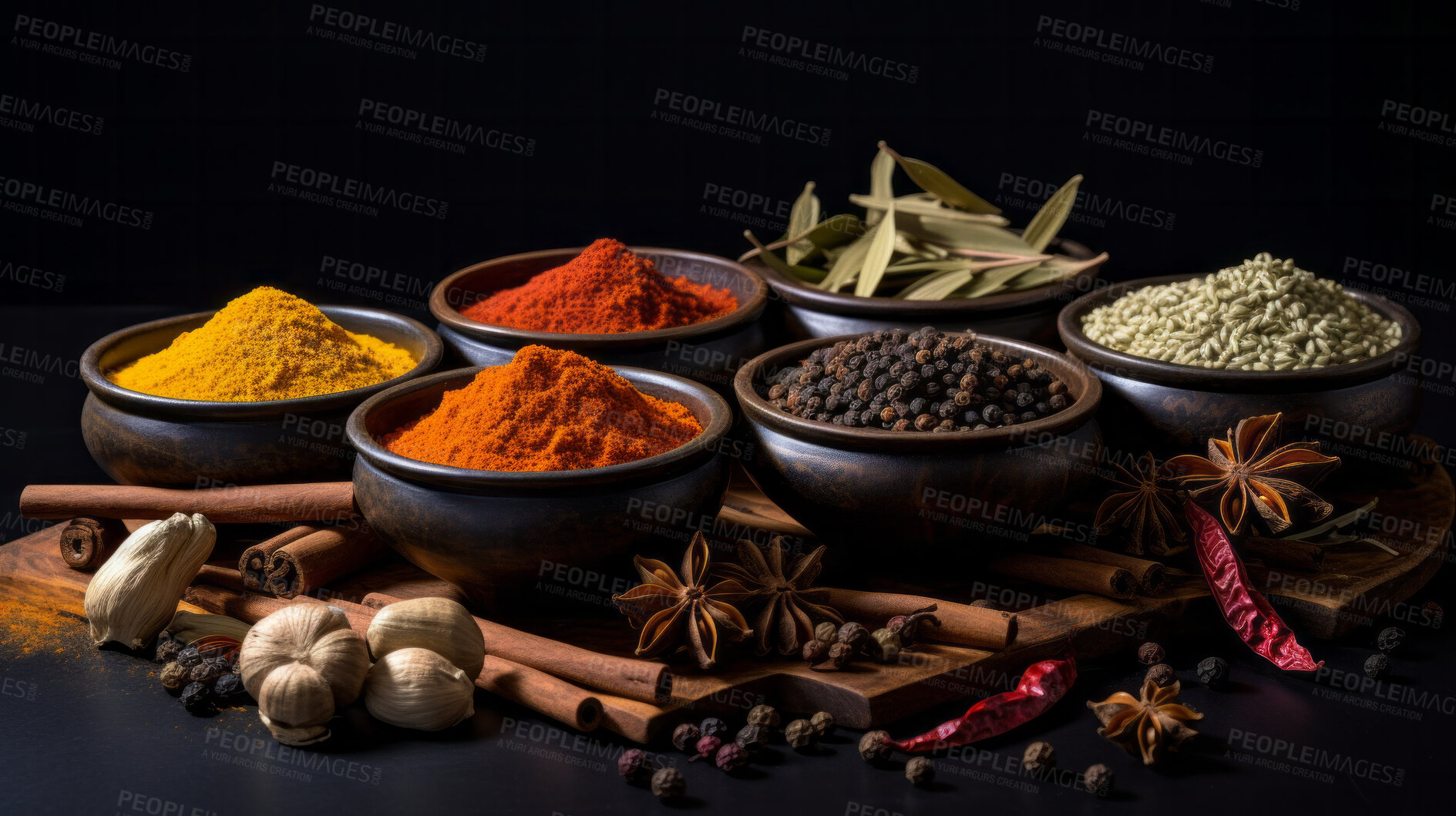 Buy stock photo Herbs, spices and Indian seasoning for cooking and traditional cuisine or food. Colourful, fresh and dry spice set for chefs, culture and organic recipe ingredients on a black studio background