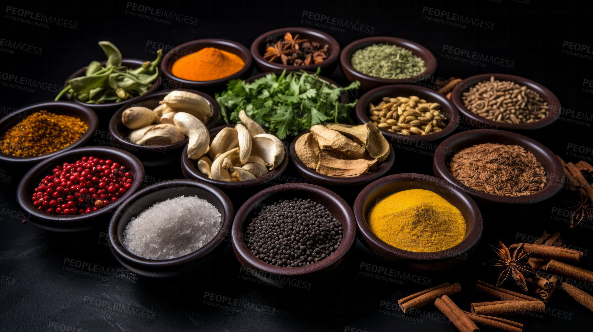 Buy stock photo Herbs, spices and Indian seasoning for cooking and traditional cuisine or food. Colourful, fresh and dry spice set for chefs, culture and organic recipe ingredients on a black studio background