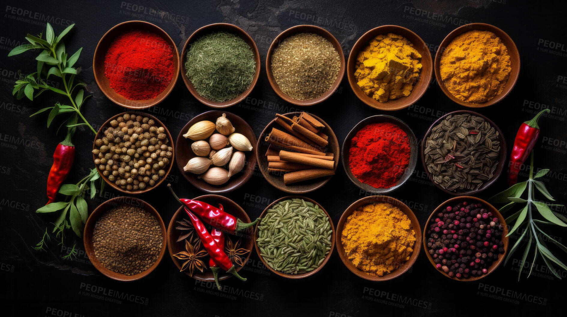 Buy stock photo Herbs, spices and Indian seasoning for cooking and traditional cuisine or food. Colourful, fresh and dry spice set for chefs, culture and organic recipe ingredients on a black studio background