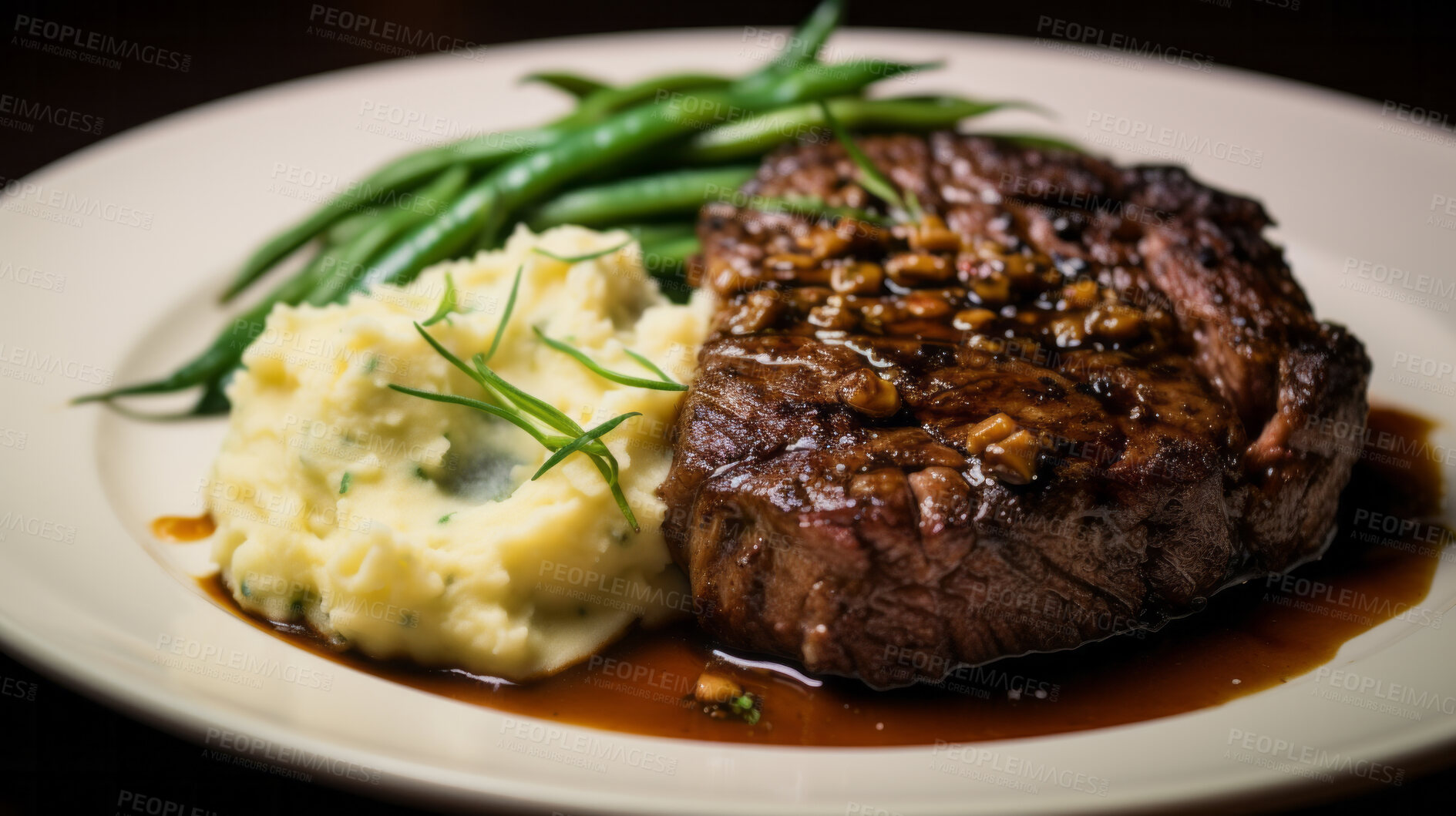 Buy stock photo Grilled steak, mash potato and green beans on a plate for chef, fine dining and dinner ideas. Food photography, meal and cuisine closeup for wellness restaurant and traditional on a dark background