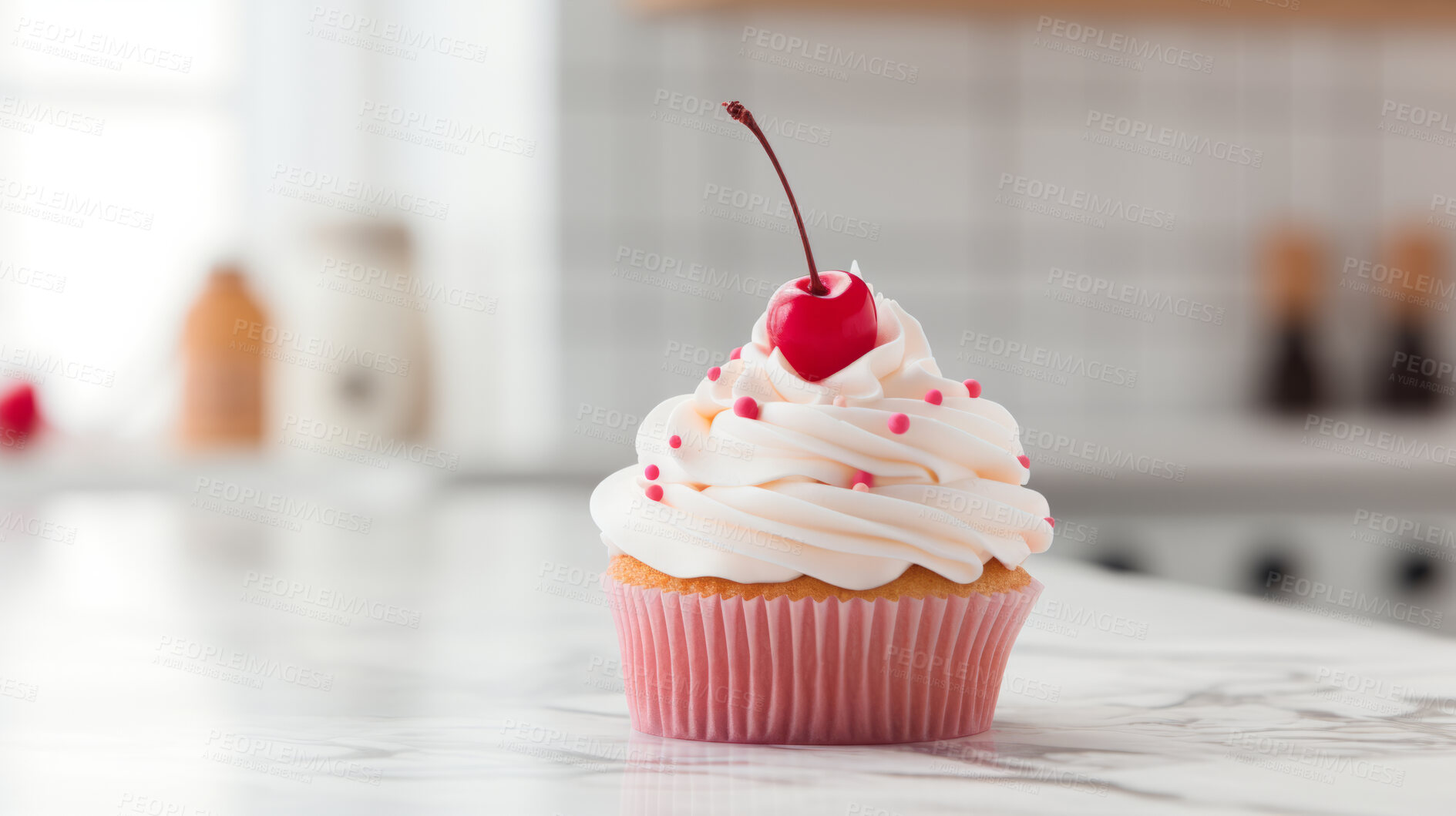 Buy stock photo Cupcake, birthday and valentine anniversary pastry with vanilla flavoured topping for celebration, party or event. Sweet, delicious and tasty frosting for food photography on a kitchen table