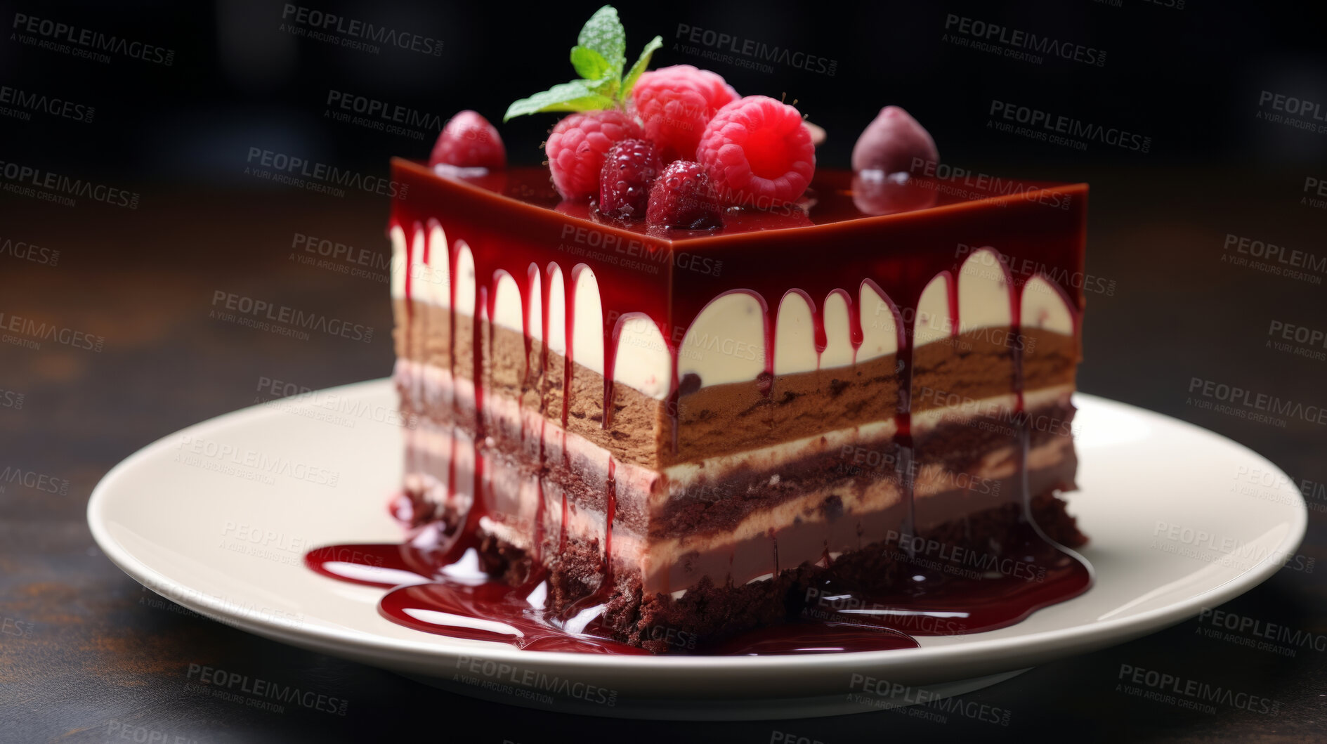 Buy stock photo Dessert, layered and chocolate mousse cake with raspberry toppings for celebration, party or event. Delicious, sweet and tasty pastry glazed with sauce for food photography or valentine anniversary