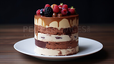 Buy stock photo Dessert, layered and chocolate mousse cake with raspberry toppings for celebration, party or event. Delicious, sweet and tasty pastry glazed with sauce for food photography or valentine anniversary