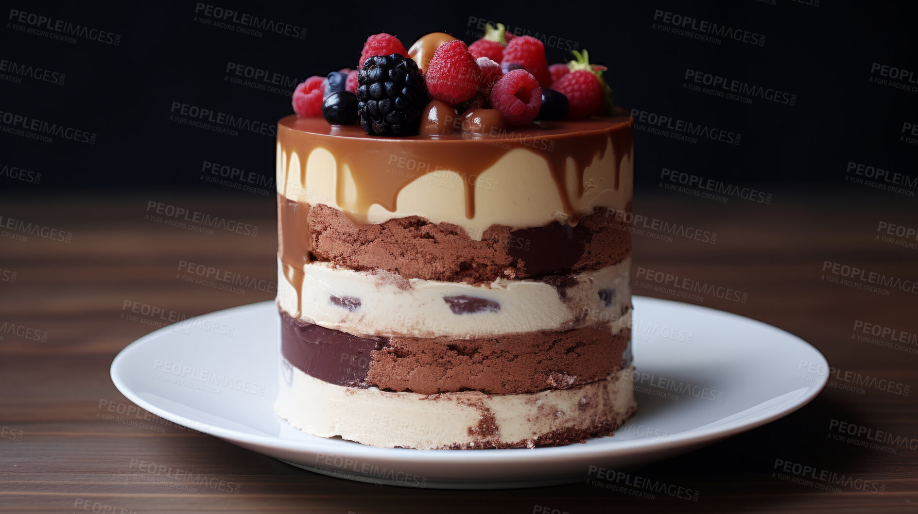 Buy stock photo Dessert, layered and chocolate mousse cake with raspberry toppings for celebration, party or event. Delicious, sweet and tasty pastry glazed with sauce for food photography or valentine anniversary