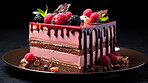 Dessert, layered and chocolate mousse cake with raspberry toppings for celebration, party or event. Delicious, sweet and tasty pastry glazed with sauce for food photography or valentine anniversary