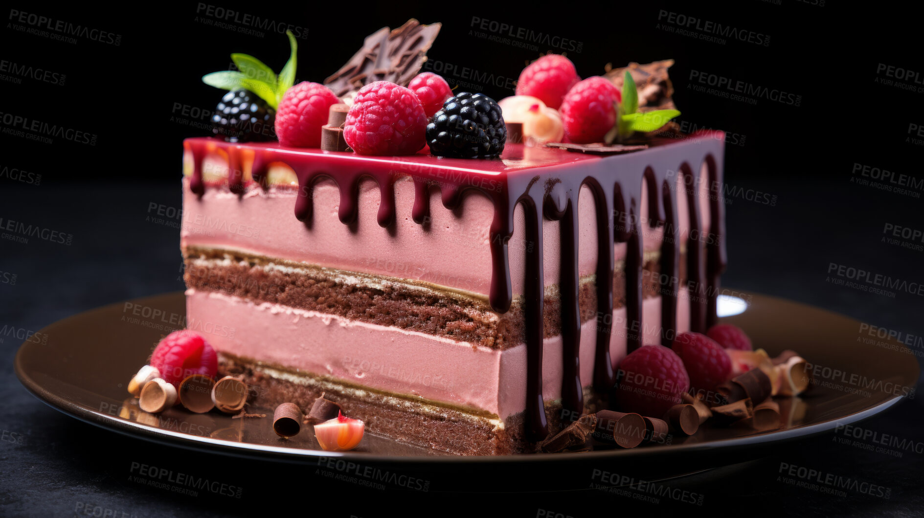 Buy stock photo Dessert, layered and chocolate mousse cake with raspberry toppings for celebration, party or event. Delicious, sweet and tasty pastry glazed with sauce for food photography or valentine anniversary