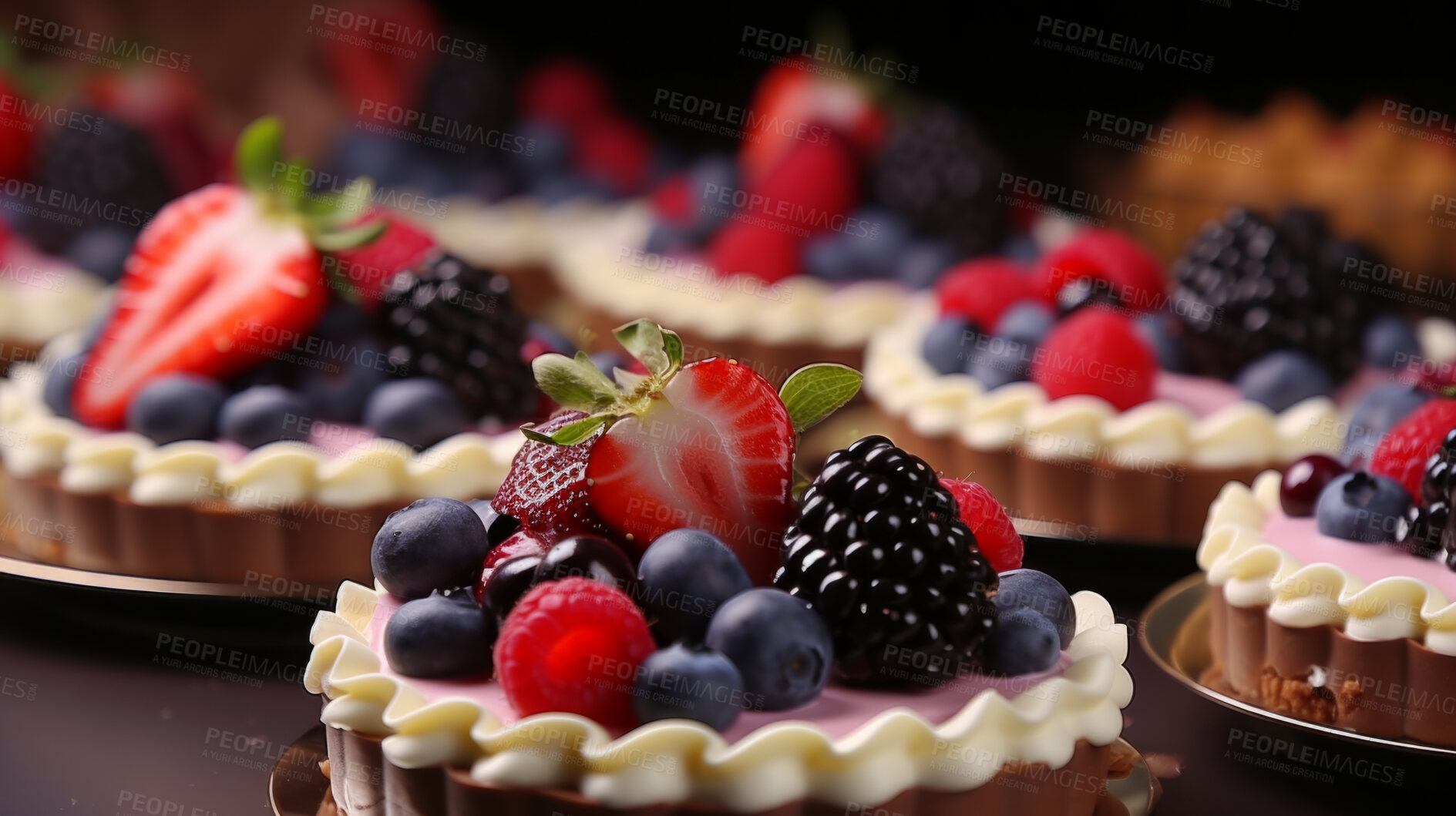 Buy stock photo Various, birthday and lemon meringue tarts with colourful toppings for celebration, party or event. Sweet, delicious and tasty pastries with sprinkles and fruit for food photography on a black background