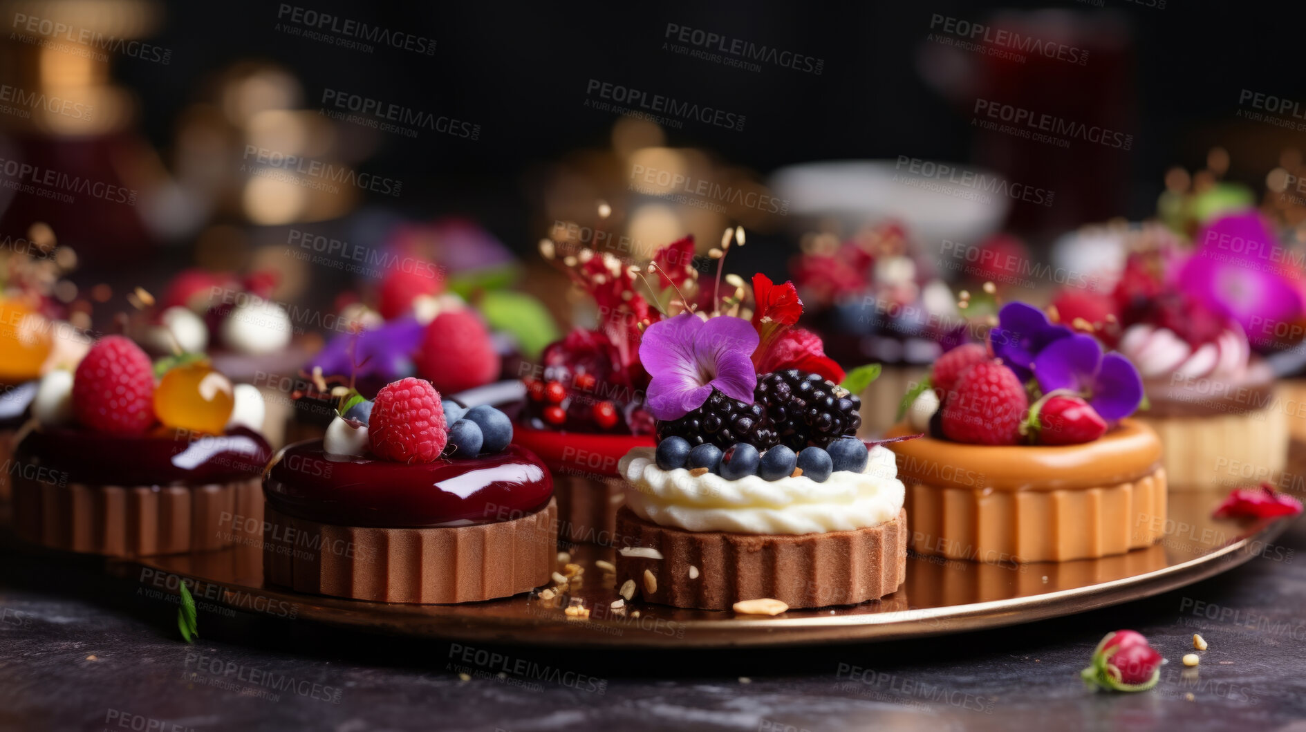 Buy stock photo Various, birthday and lemon meringue tarts with colourful toppings for celebration, party or event. Sweet, delicious and tasty pastries with sprinkles and fruit for food photography on a black background