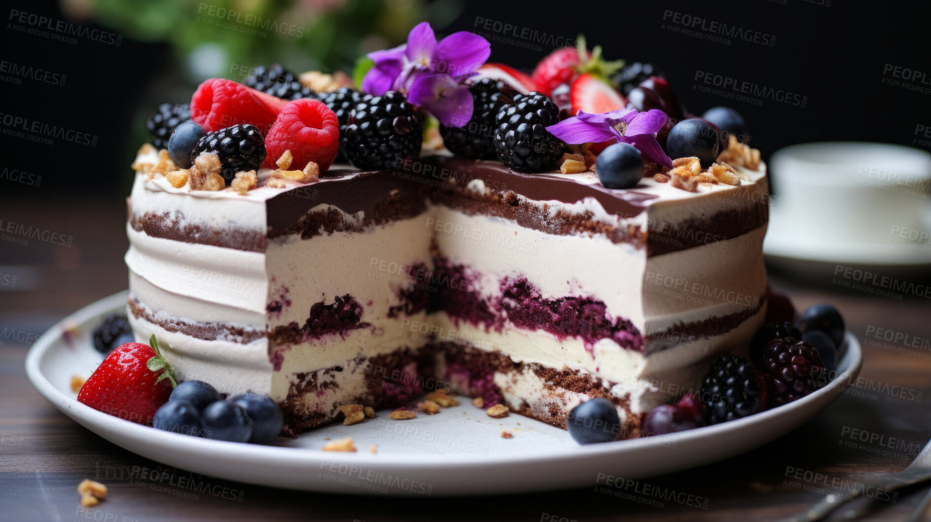 Buy stock photo Dessert, layered and chocolate mousse cake with raspberry toppings for celebration, party or event. Delicious, sweet and tasty pastry glazed with sauce for food photography or valentine anniversary