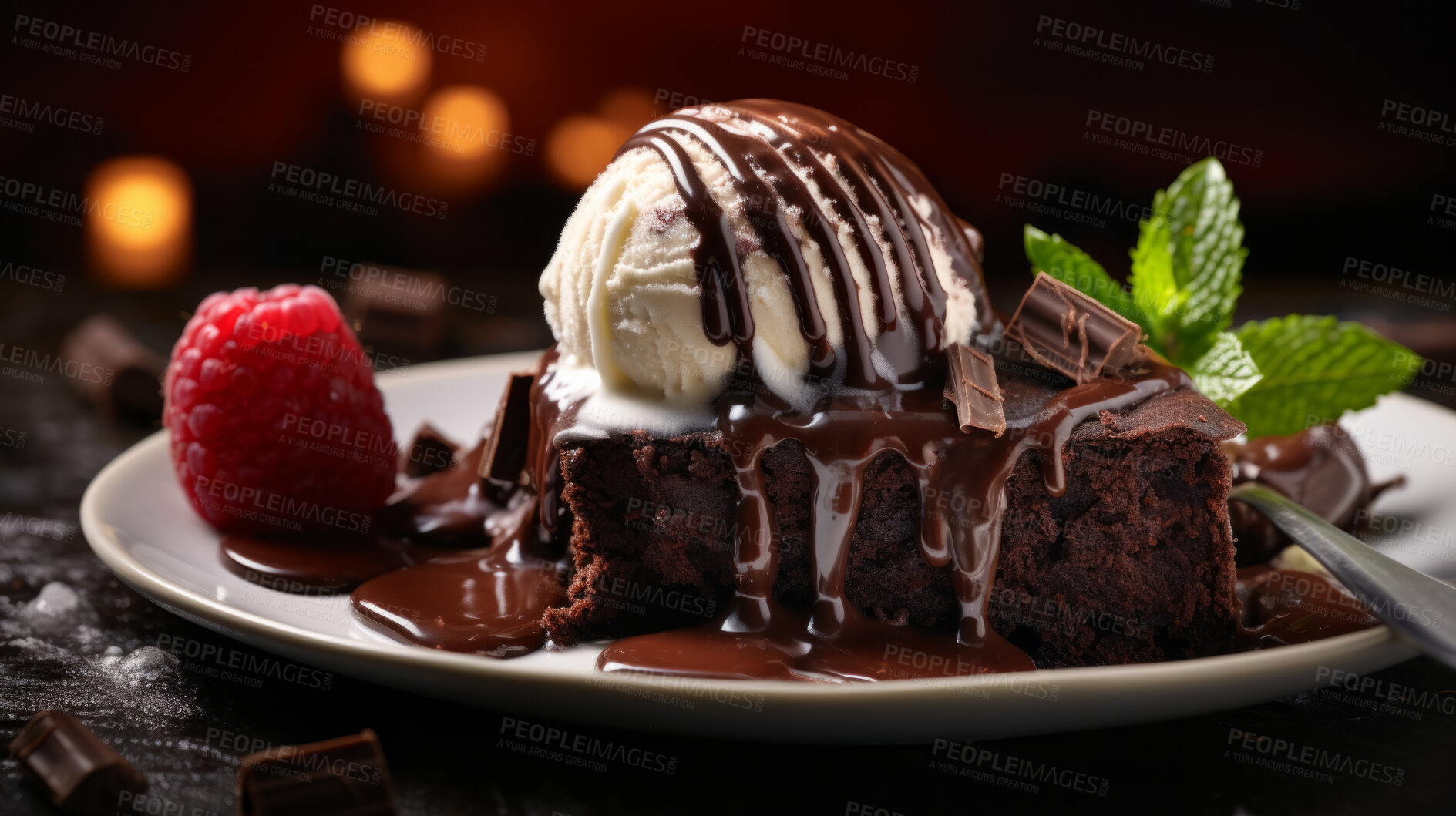 Buy stock photo Dessert, brownie and ice-cream with chocolate sauce for celebration, party or event. Sweet, delicious and tasty pastries with mint and fruit for food photography on a dark studio background