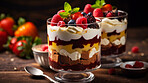 Dessert, layered and traditional trifle treat with whipped cream and raspberry toppings for celebration, party or event. Delicious, sweet or tasty pastry for food photography or valentine anniversary