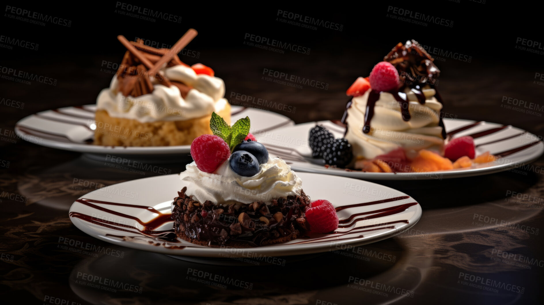 Buy stock photo Various, birthday and desserts with colourful and fruit toppings for celebration, party or event. Sweet, delicious and tasty pastries with sauce and berries for food photography on a black background