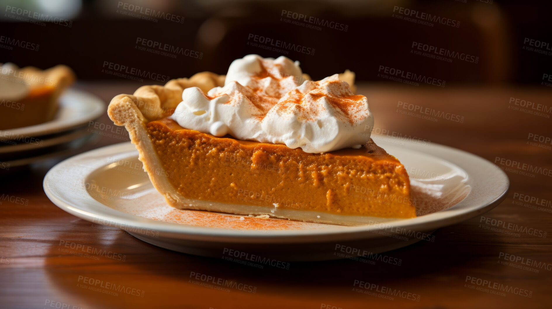 Buy stock photo Traditional, pumpkin pie and thanksgiving dessert for festive holiday, celebration or dinner, topped with whipped cream. Delicious, rustic and tasty closeup of a slice of home-made pastry on a plate