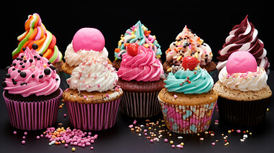 Various, birthday and cupcakes with colourful toppings for celebration, party or event. Sweet, delicious and tasty pastries with sprinkles and frosting for food photography on a black background