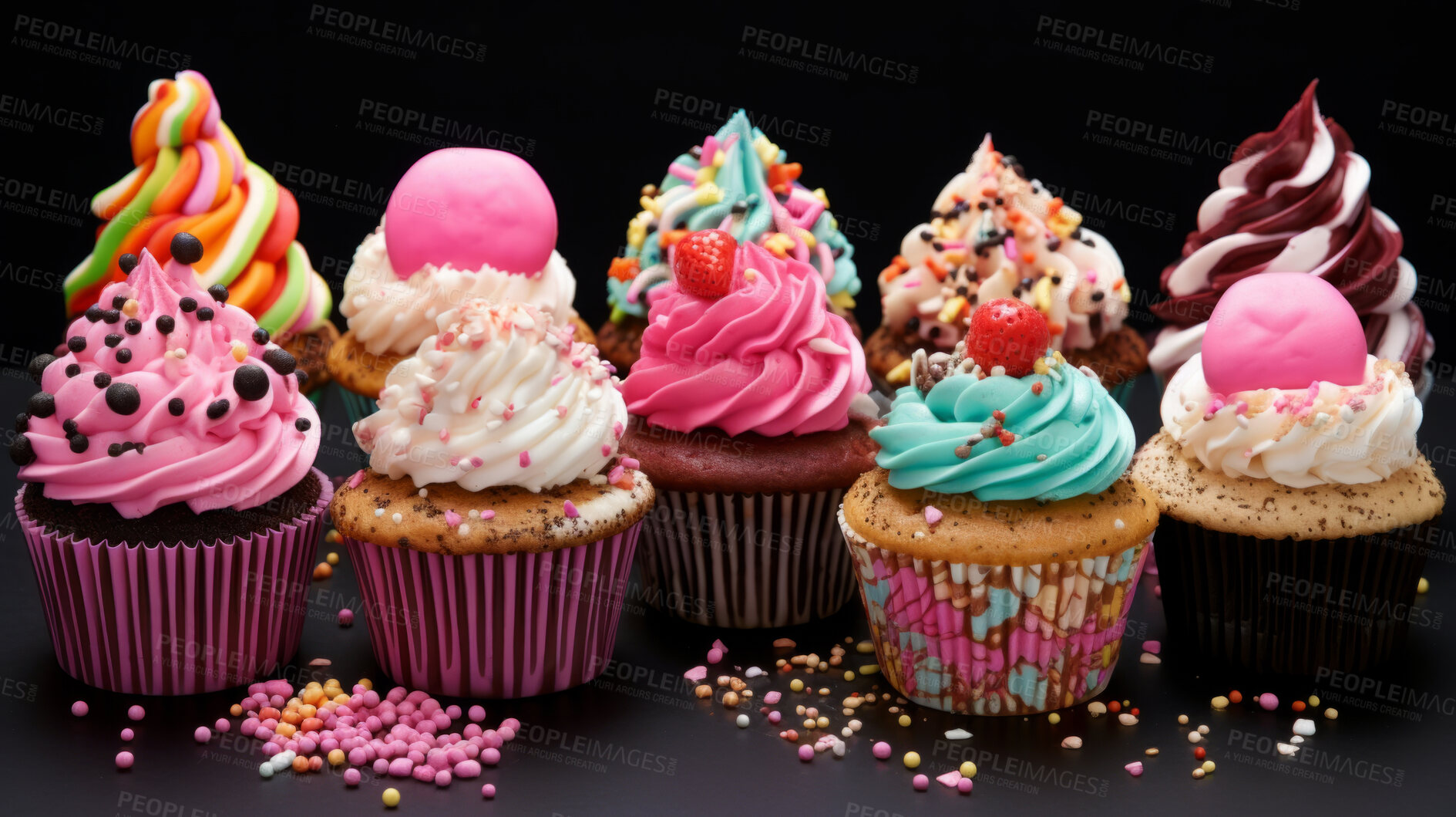 Buy stock photo Various, birthday and cupcakes with colourful toppings for celebration, party or event. Sweet, delicious and tasty pastries with sprinkles and frosting for food photography on a black background