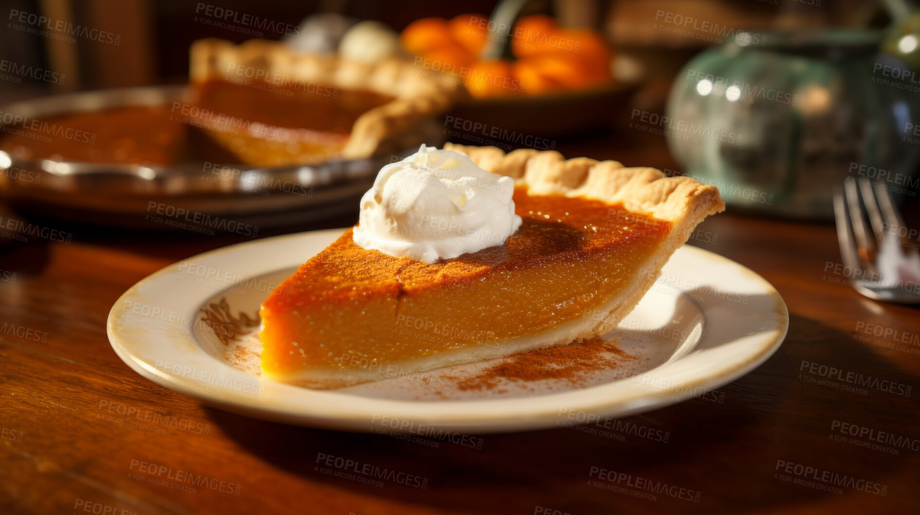 Buy stock photo Traditional, pumpkin pie and thanksgiving dessert for festive holiday, celebration or dinner, topped with whipped cream. Delicious, rustic and tasty closeup of a slice of home-made pastry on a plate