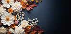 Flowers, petals and bouquet on a blue background for decoration, creativity or art with fresh and colorful plant bunch. Creative, still life and concept, floral arrangement in a studio for mockup.