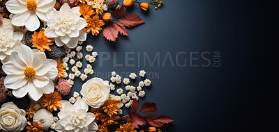 Flowers, petals and bouquet on a blue background for decoration, creativity or art with fresh and colorful plant bunch. Creative, still life and concept, floral arrangement in a studio for mockup.