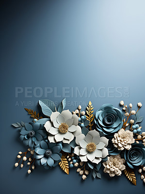 Flowers, petals and bouquet on a blue background for decoration, creativity or art with fresh and colorful plant bunch. Creative, still life and concept, floral arrangement in a studio for mockup.