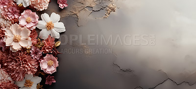 Flowers, petals and bouquet on a grey background for decoration, creativity or art with fresh and colorful plant bunch. Creative, still life and concept, floral arrangement in a studio for mockup.