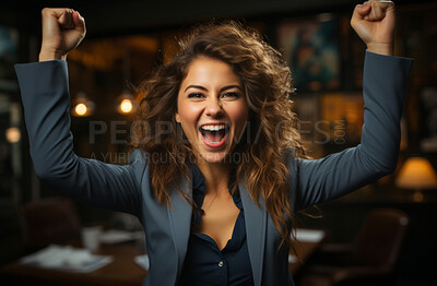 Happy, excited and success business woman celebrating in cafe, winning and cheering for achievement while shouting in restaurant. Corporate and professional worker receiving good news.