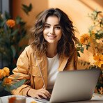Woman and student with a laptop, cafe and typing with a smile, connection and online reading. Face, female person or girl in a restaurant, pc or technology with education, email and university.