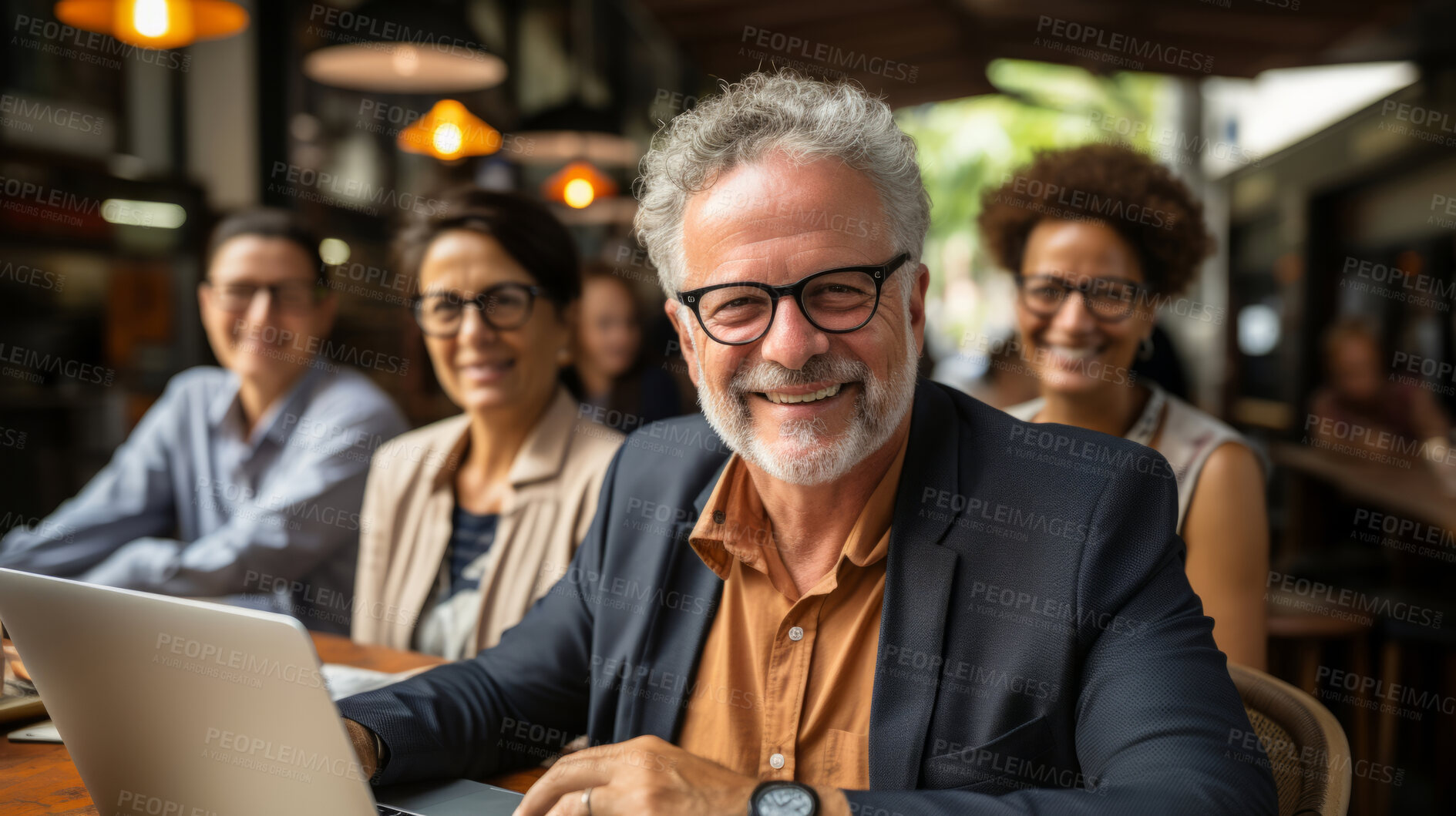 Buy stock photo Portrait, happy or mature man in a meeting planning a branding, advertising or marketing strategy with business people. Partnership, face or worker smiles with pride after a successful project.