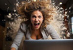 Angry, stressed and unhappy finance manager and rage effect. Annoyed, irritated and screaming financial boss, leader and woman making a mistake or failing a tax deadline on laptop.