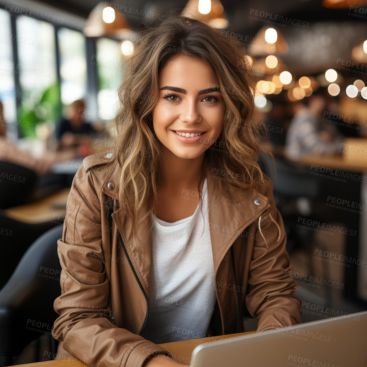 Buy stock photo Woman and student with a laptop, cafe and typing with a smile, connection and online reading. Face, female person or girl in a restaurant, pc or technology with education, email and university.